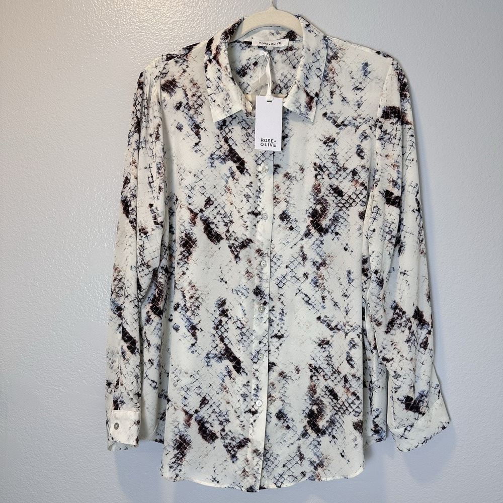 Rose+ Olive Size-XL Women's Blouse White Snakeskin Long Sleeve